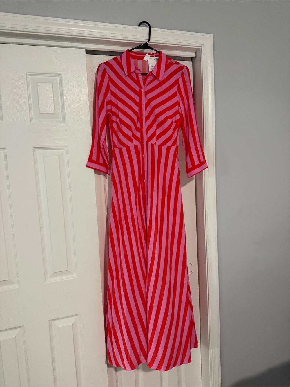 Pink and Red Striped Maxi Shirt Dress